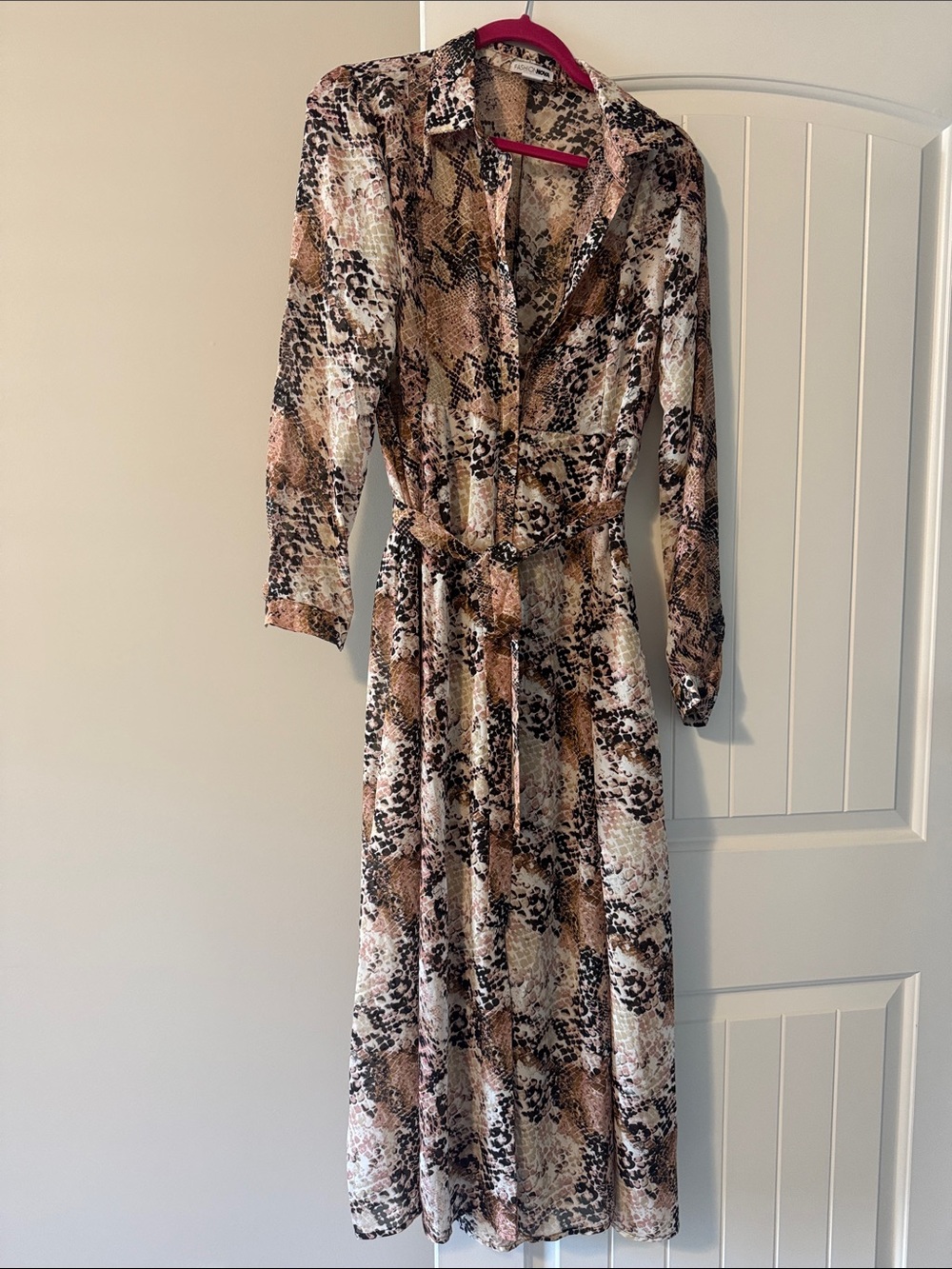 Women’s Snake Print Midi Shirt Dress in Pink/Brown and Cream-Buttons!